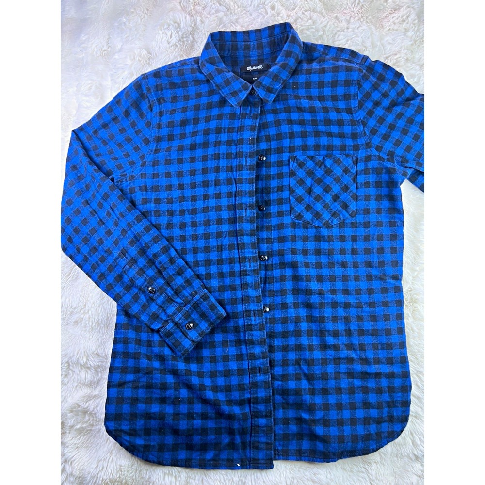 Madewell Mens Size L Blue/Black Check Flannel Long Sleeve Shirt Pockets. A27